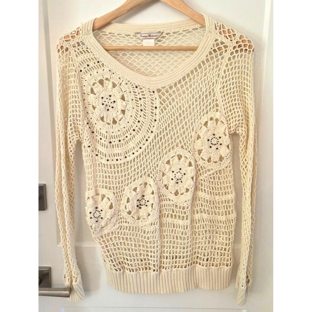 Tommy Bahama Crochet Fishnet Sweater Cream Beaded Boho Lagenlook Dainty